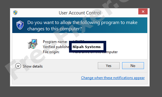 Screenshot where Nipah Systems appears as the verified publisher in the UAC dialog